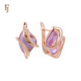 Double Ribbons clawed elegant Solitaire Colorful CZ Rose Gold Russian Lock Earrings