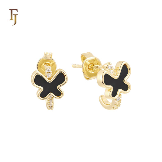 Paved white CZs crossing Black or white Onyx Butterfly 14K Gold, Rose Gold Stud Earrings