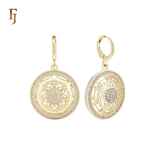 Rounded Circle Halo white CZs 14K Gold Huggie drop Earrings