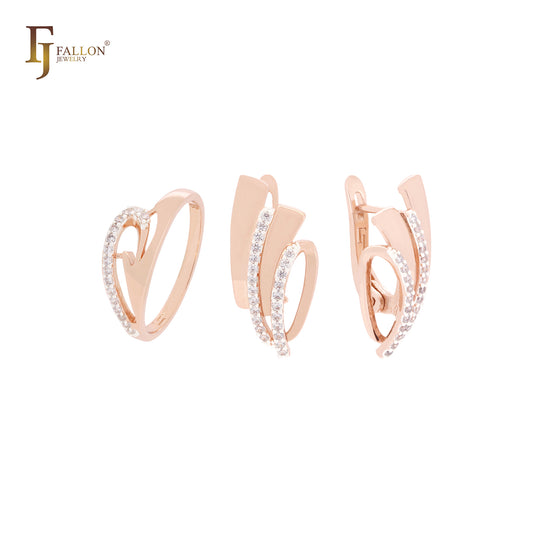 Cintas trenzadas con circonitas blancas. Conjunto de joyas en dos tonos de oro rosa con anillos.