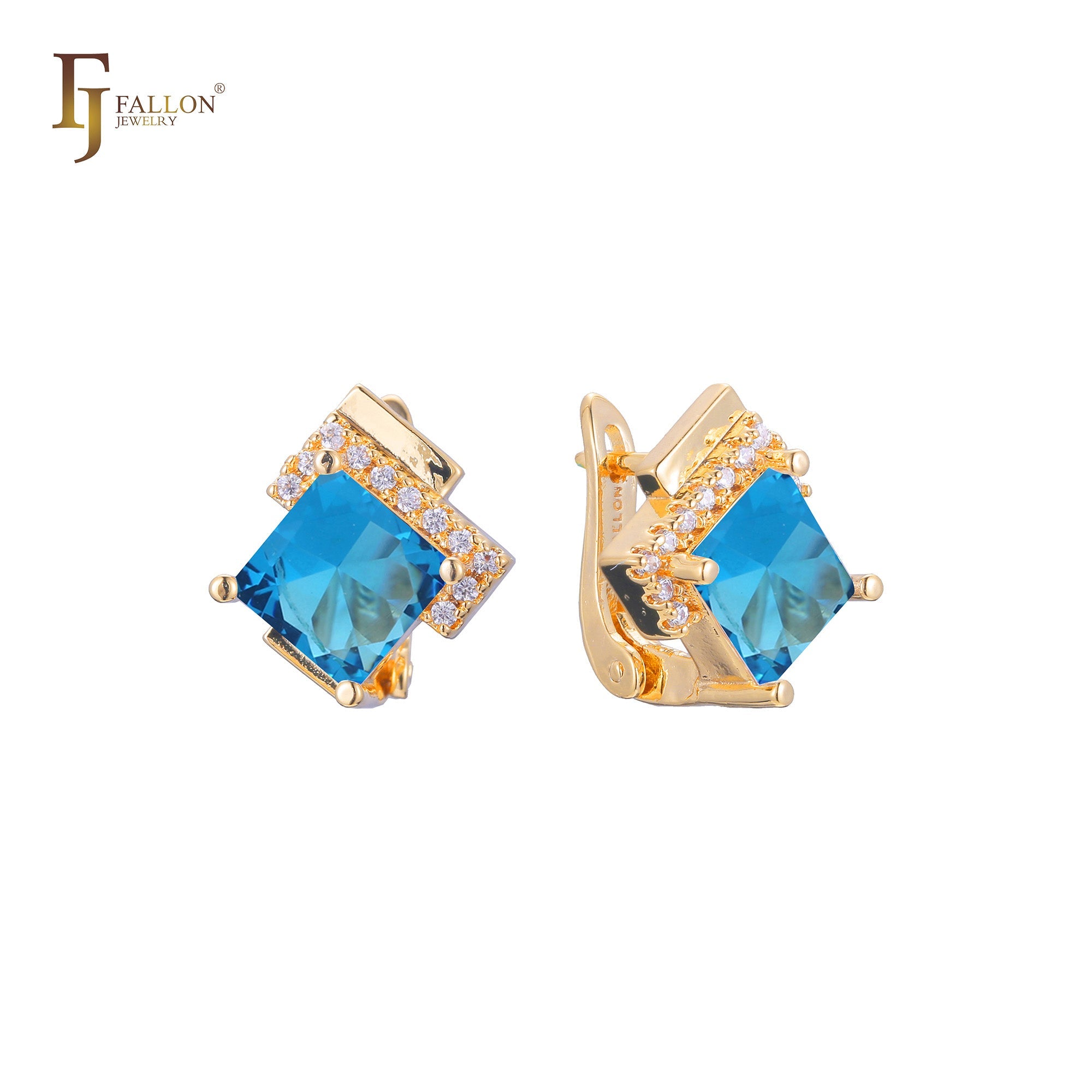 Aretes solitarios de piedra grande talla esmeralda en colores baño de Oro 14K, Oro 18K, Oro Rosa