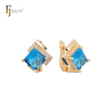 Aretes solitarios de piedra grande talla esmeralda en colores baño de Oro 14K, Oro 18K, Oro Rosa