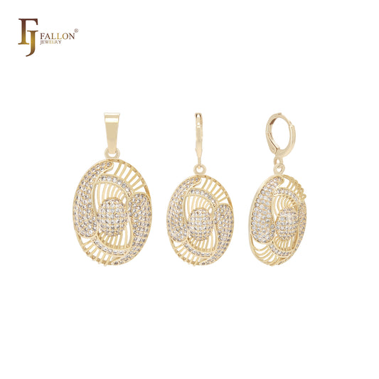 Conjunto de joyería de oro de 14 quilates con filigrana ovalada de circonitas blancas y colgante