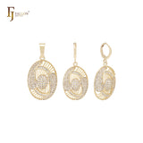 Conjunto de joyería de oro de 14 quilates con filigrana ovalada de circonitas blancas y colgante