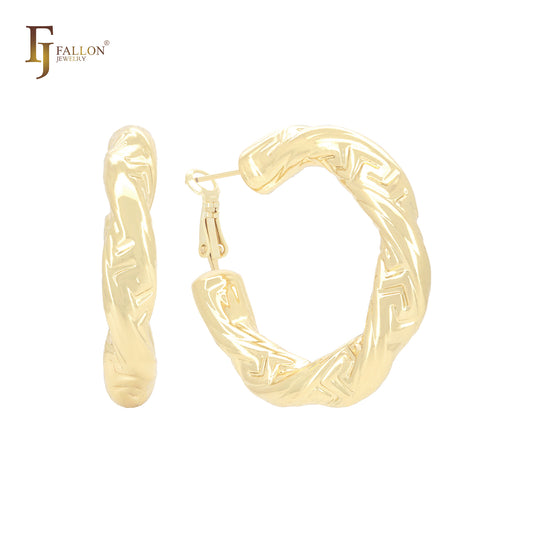 Aros de oro de 14 quilates, oro rosa y oro blanco con forma de llave griega irregular y tubo retorcido.