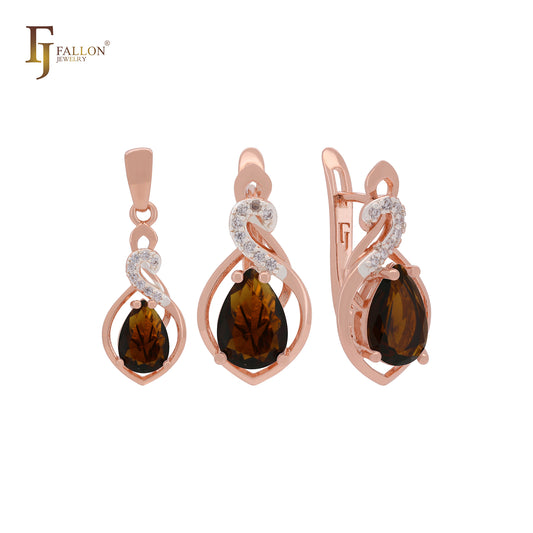 Conjunto de joyas de oro rosa en dos tonos con solitario en forma de pera, circonita cúbica color café y colgante