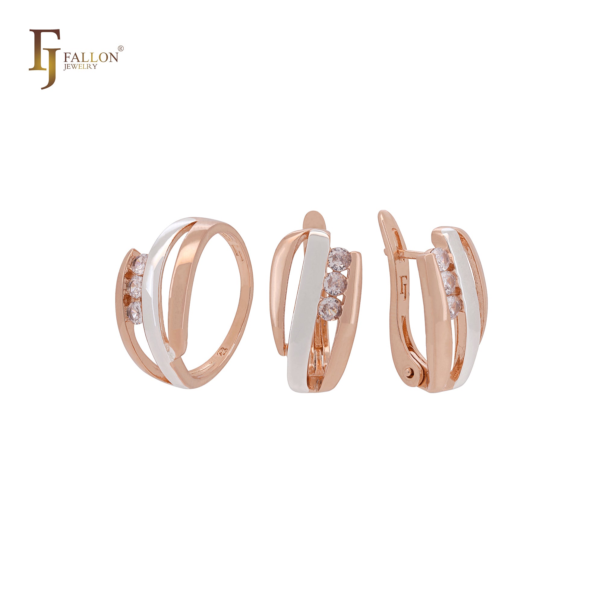 Conjunto de joyas de oro rosa de dos tonos con anillos y circonitas blancas redondeadas en triple fila
