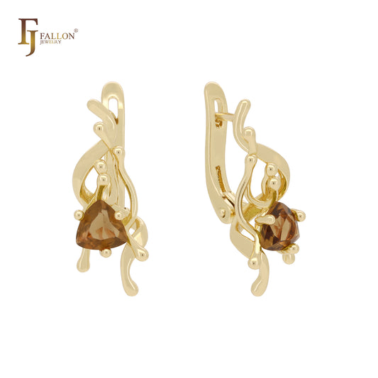 Blooming flourishing solitaire triangular CZ 14K Gold, Rose Gold Russian Lock Earrings