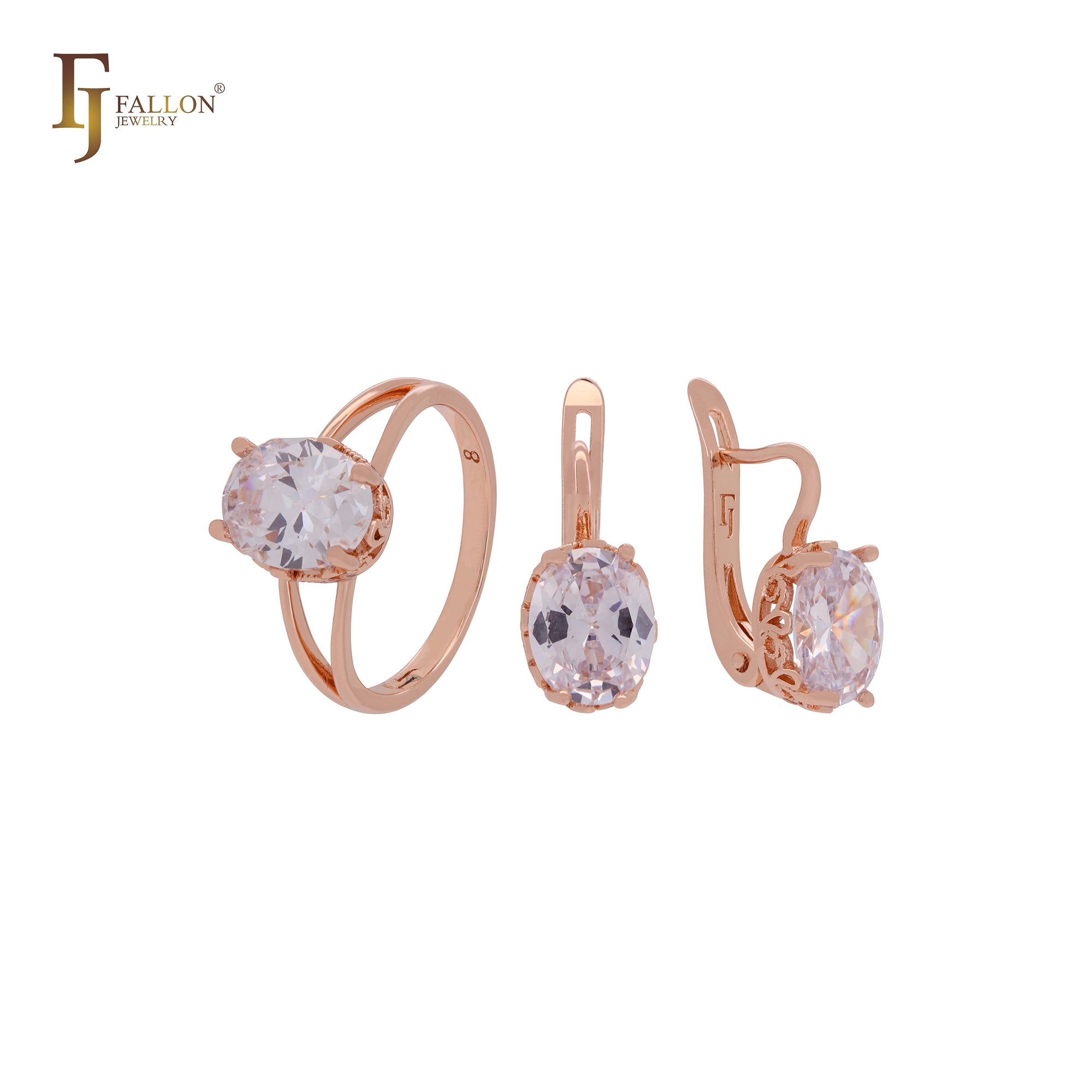Conjunto de joyas de oro rosa con solitario ovalado gigante de circonita blanca y anillos