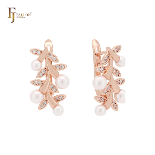 Brincos de pressão com ramos de pérolas em ouro 14K, ouro rosa e ouro branco