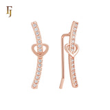Paved white CZ ribbon crossing Heart Rose Gold Crawler Ear Climber Earrings