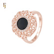 Filigree Flower halo white CZs surrounding Rounded Black Onyx Rose Gold Fashion Rings