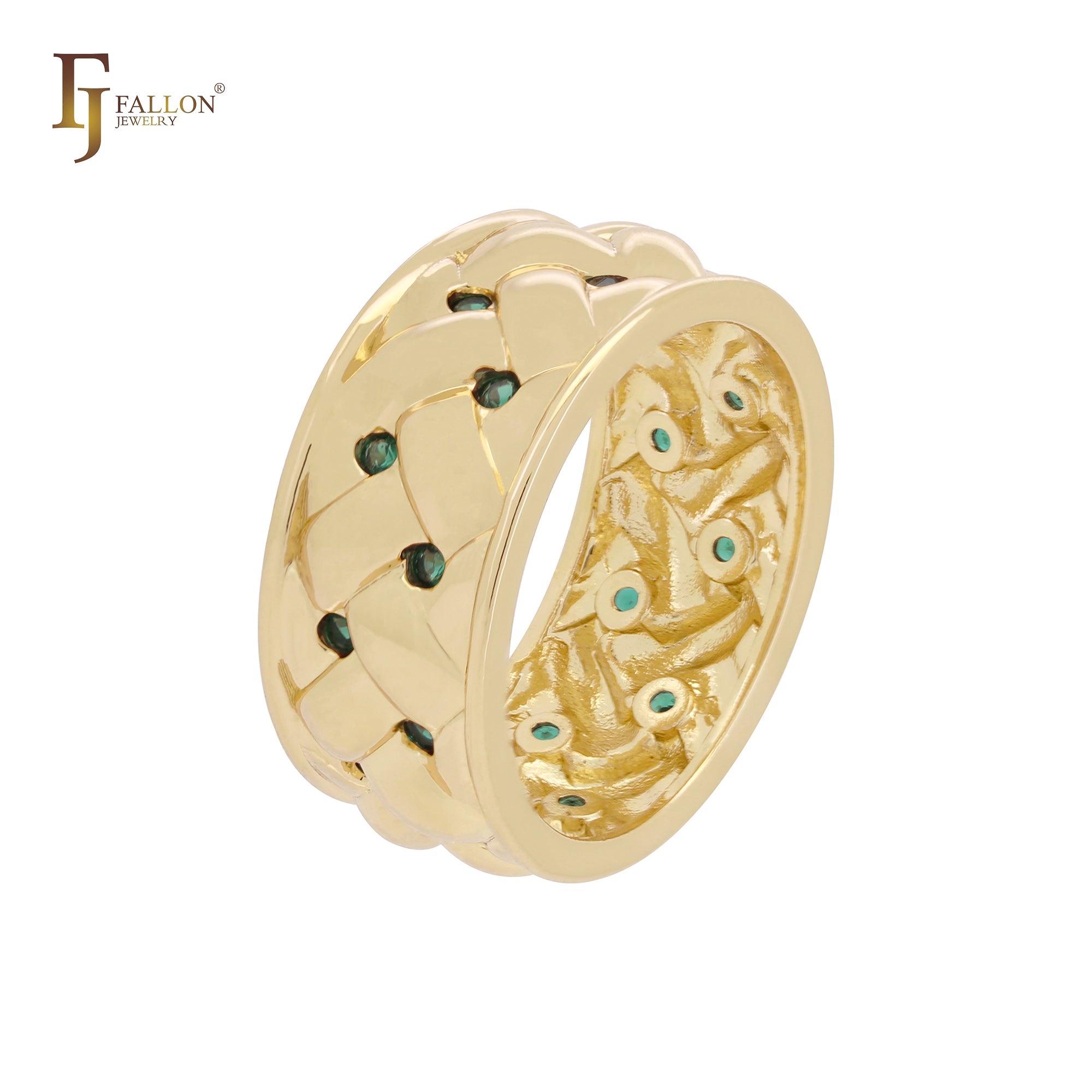 Anillos de boda anchos de oro rosa de 14 quilates con circonita cúbica verde esmeralda