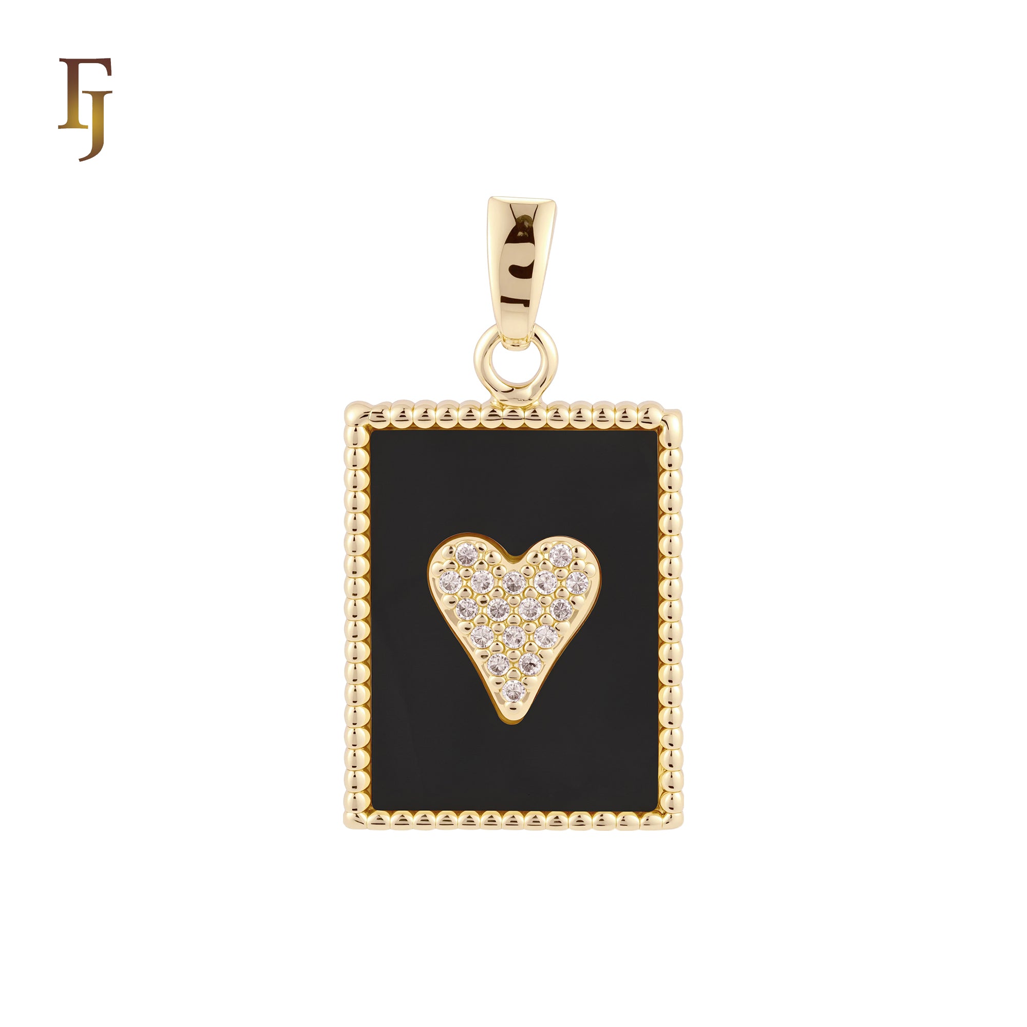 Heart of cluster white CZs in a Mirror of Black or White Onyx Beads Frame 14K Gold, Rose Gold Pendant