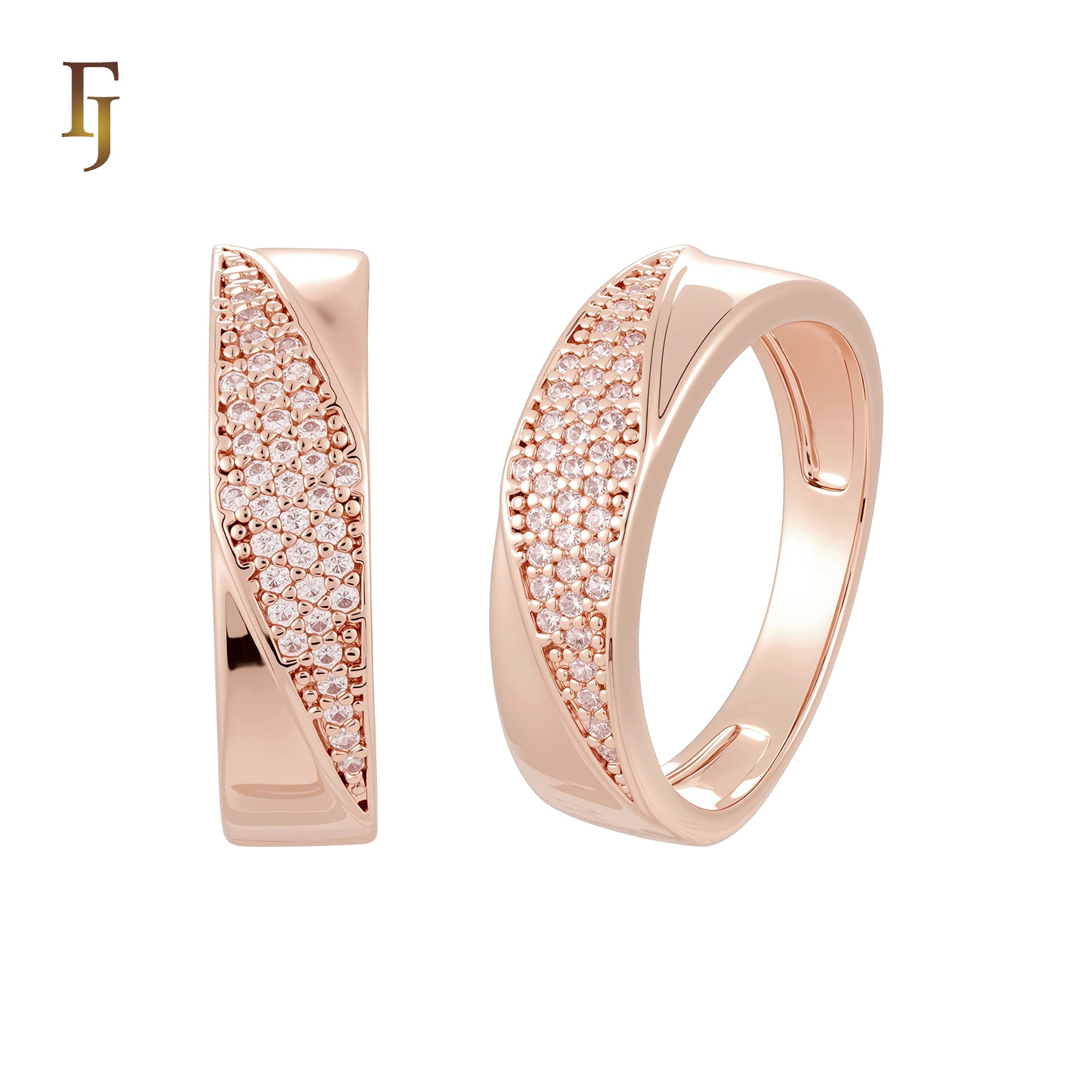 Slash of white CZs paved 14K Gold, Rose Gold Wedding Set Rings
