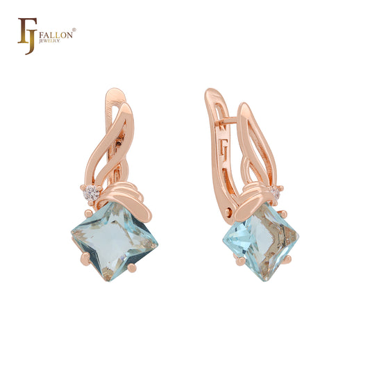 Pendientes de clip de oro rosa con corte Asscher y lazo azul del lago