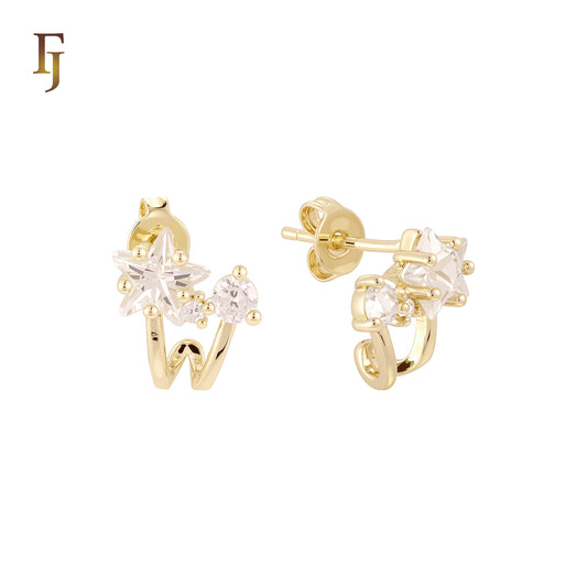 Shape of W spring with Star and round white CZs 14K Gold, Rose Gold Stud Earrings