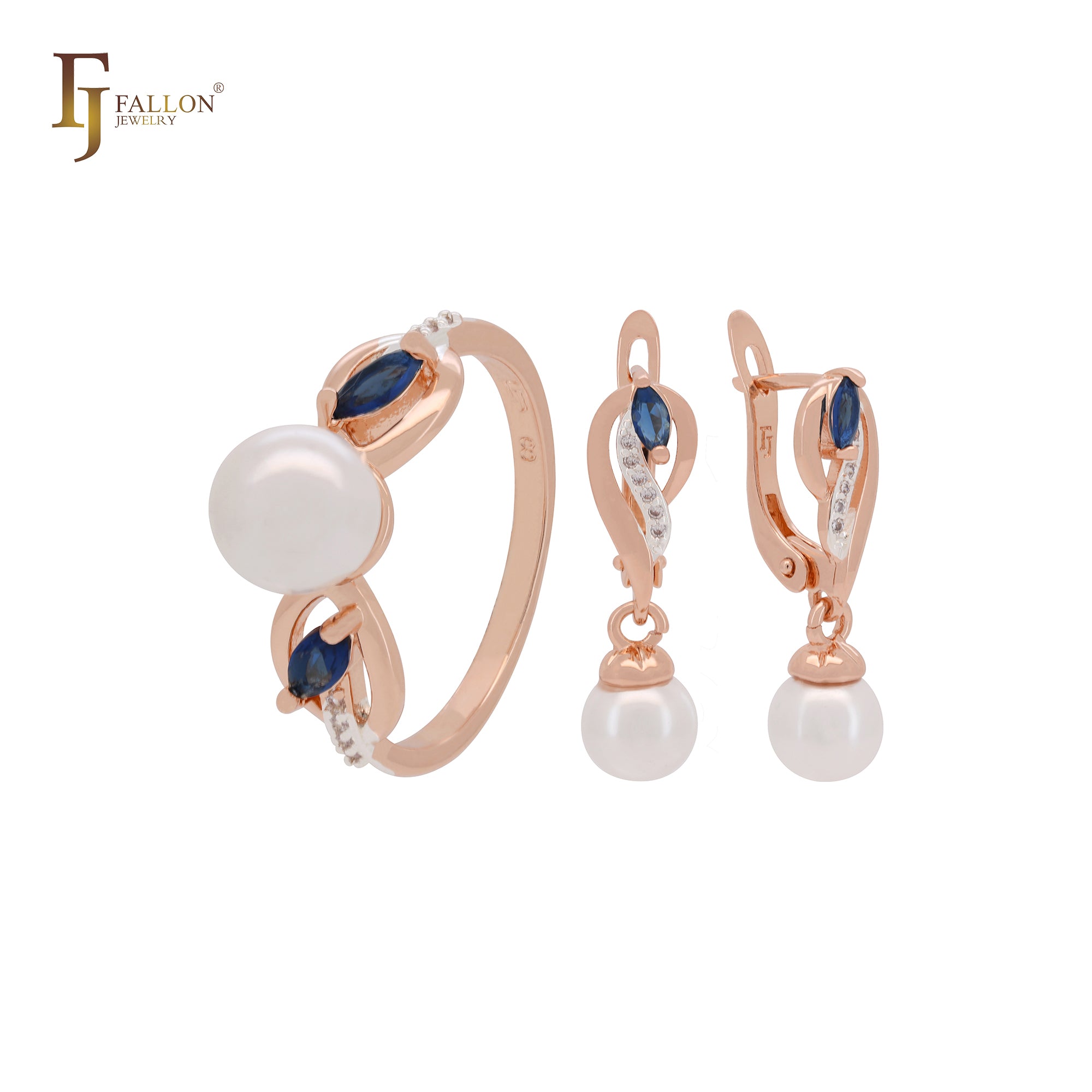 Conjunto de joyas en oro rosa de dos tonos con anillos y perla solitaria con circonitas blancas y azul lago.