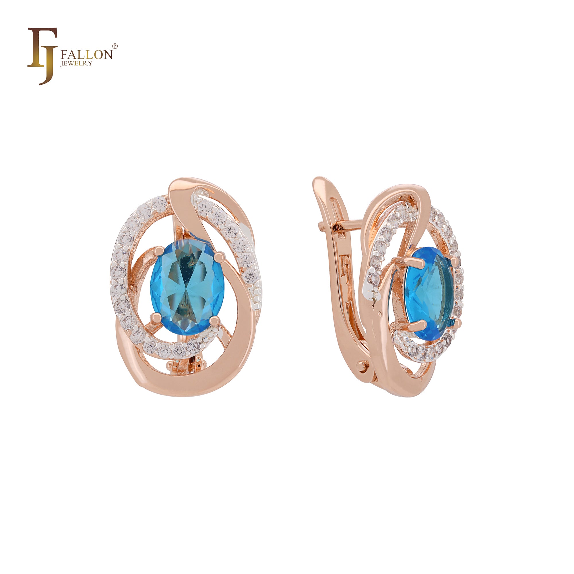Pendientes de clip en dos tonos de oro rosa con halo solitario, circonitas blancas y azul océano