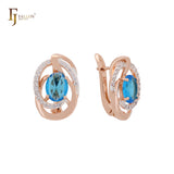 Pendientes de clip en dos tonos de oro rosa con halo solitario, circonitas blancas y azul océano