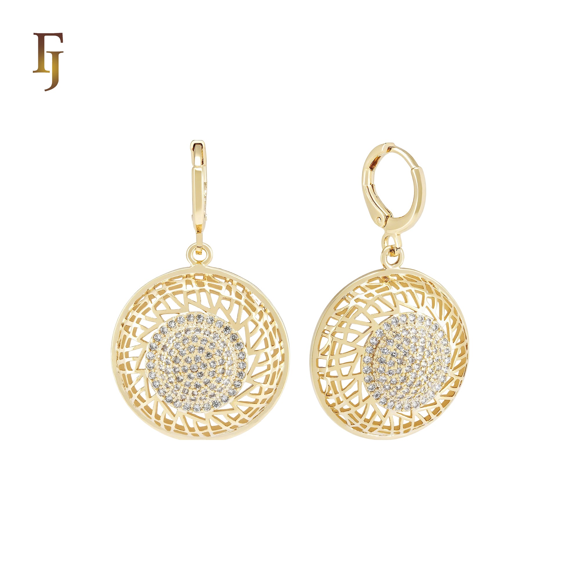 Filigree rounded white CZs centered 14K Gold drop Huggie Earring