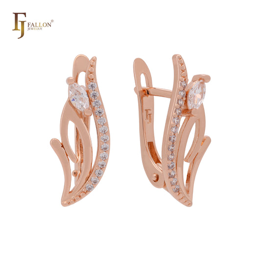 Pendientes de clip de oro rosa con circonitas blancas y flores florecientes