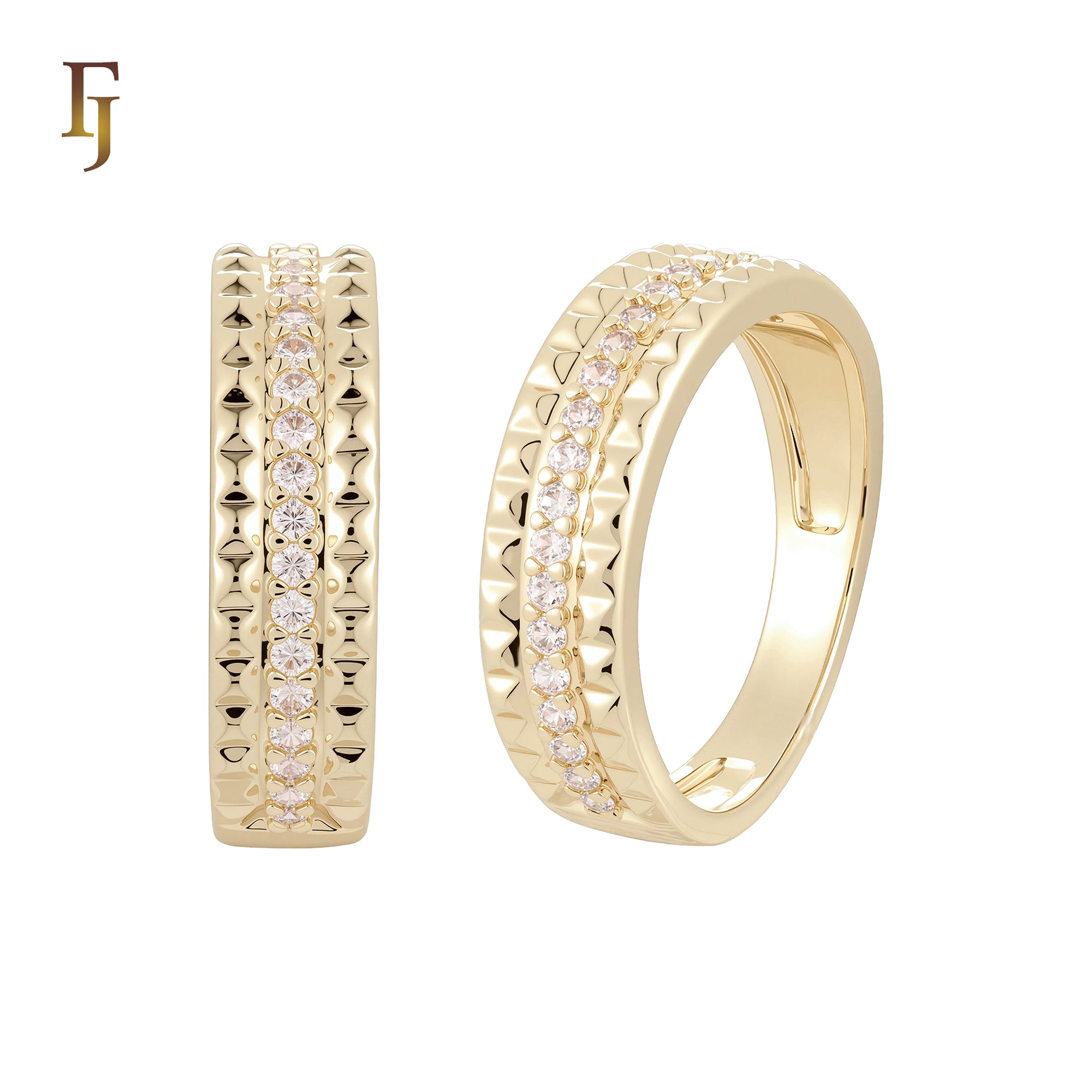 Rhombus textured center paved white CZs 14K Gold Wedding Set Rings Engagement and Band