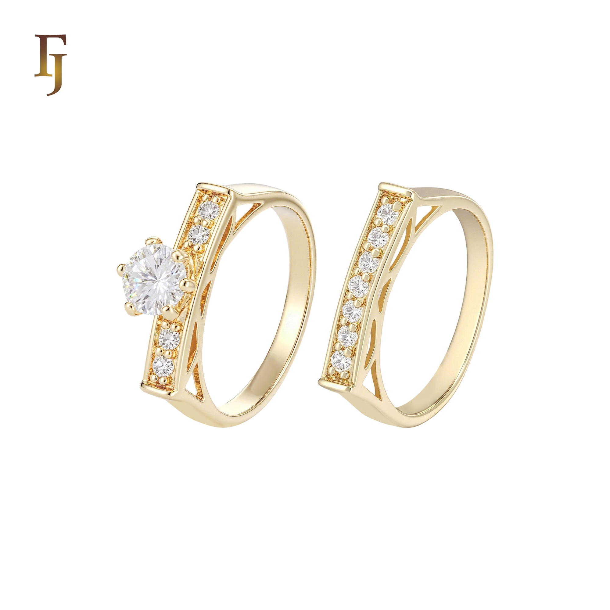 Cluster white CZs 14K Gold Wedding Set Rings