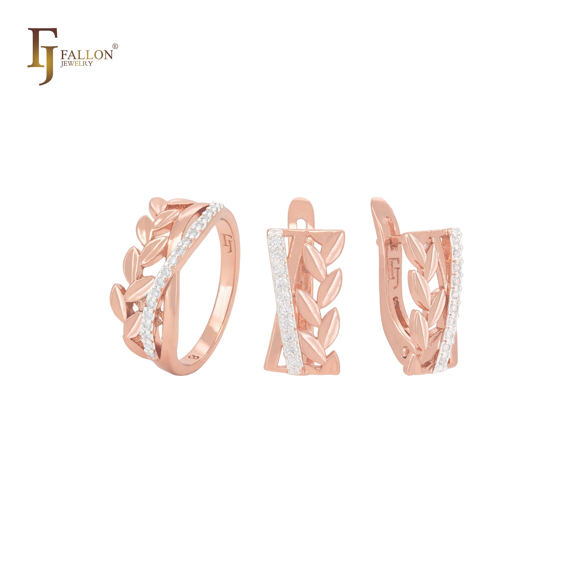 Conjunto de joyas de oro rosa con anillos y banda de circonitas blancas y mil hojas