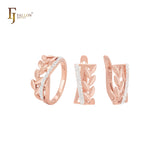 Conjunto de joyas de oro rosa con anillos y banda de circonitas blancas y mil hojas