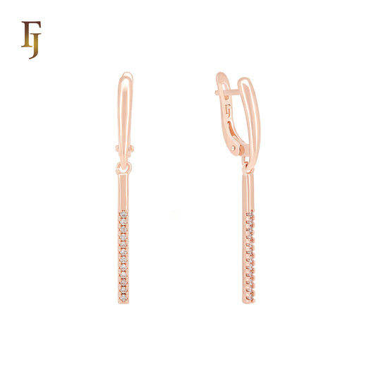 Long pillar bar drop paved white CZs Rose Gold Russian Lock Earrings