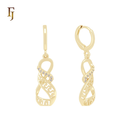 Greek Key meander 14K Gold White CZs drop Huggie Earrings