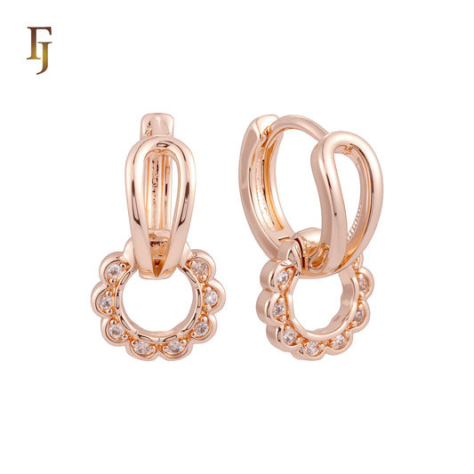 Dotted Rounded circle drop white CZs Rose Gold Huggie Earrings