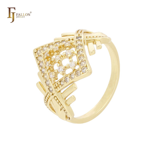 菱形群镶白色方晶锆石玫瑰金、14K金戒指