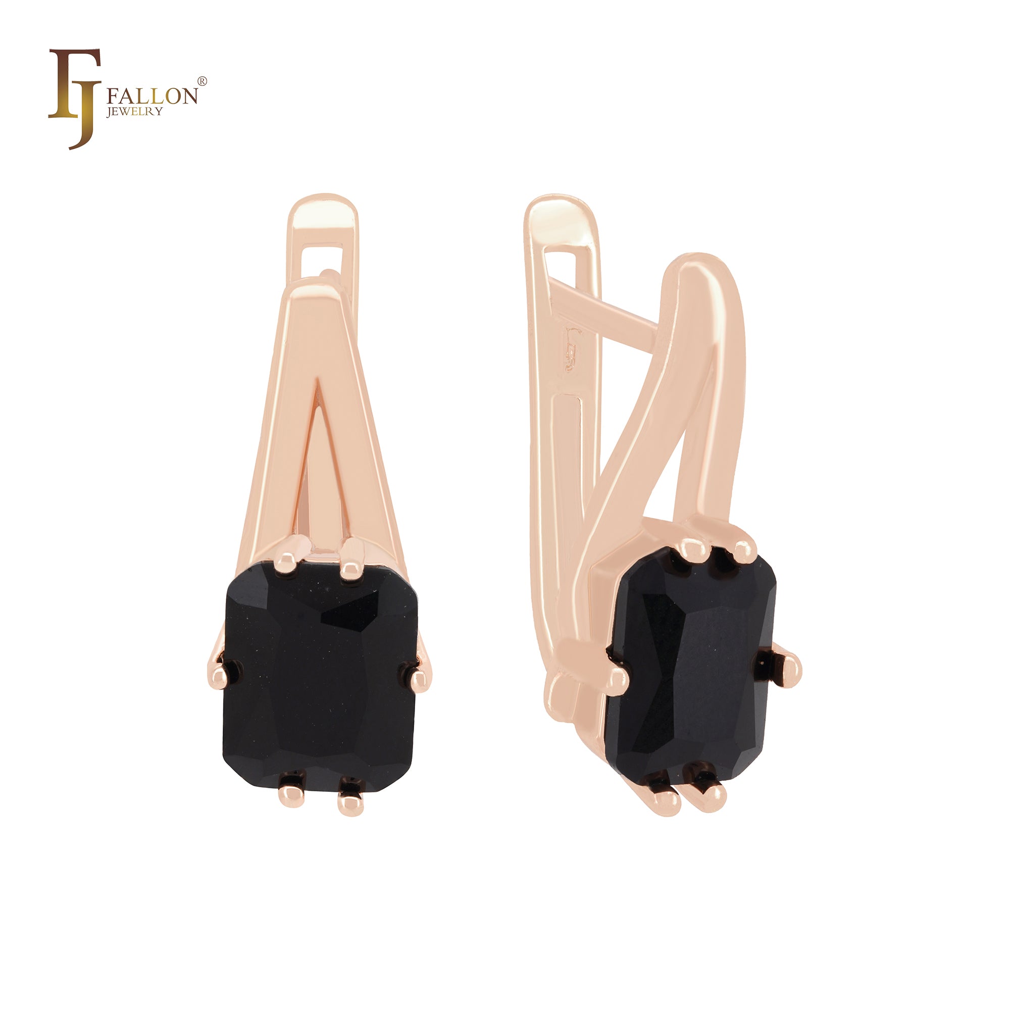 Solitare Cushion Cut Black CZ 14K Gold, Rose Gold Russian Lock Earrings