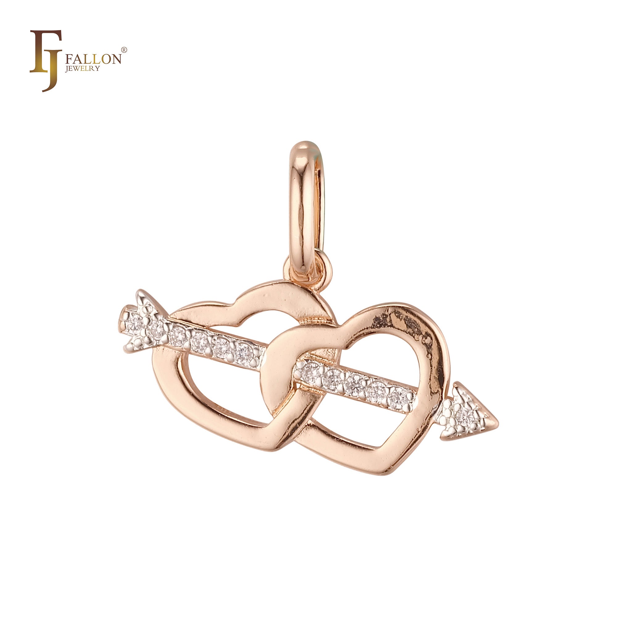 Pingente de cruz de seta duplo corações banhado em ouro 14K