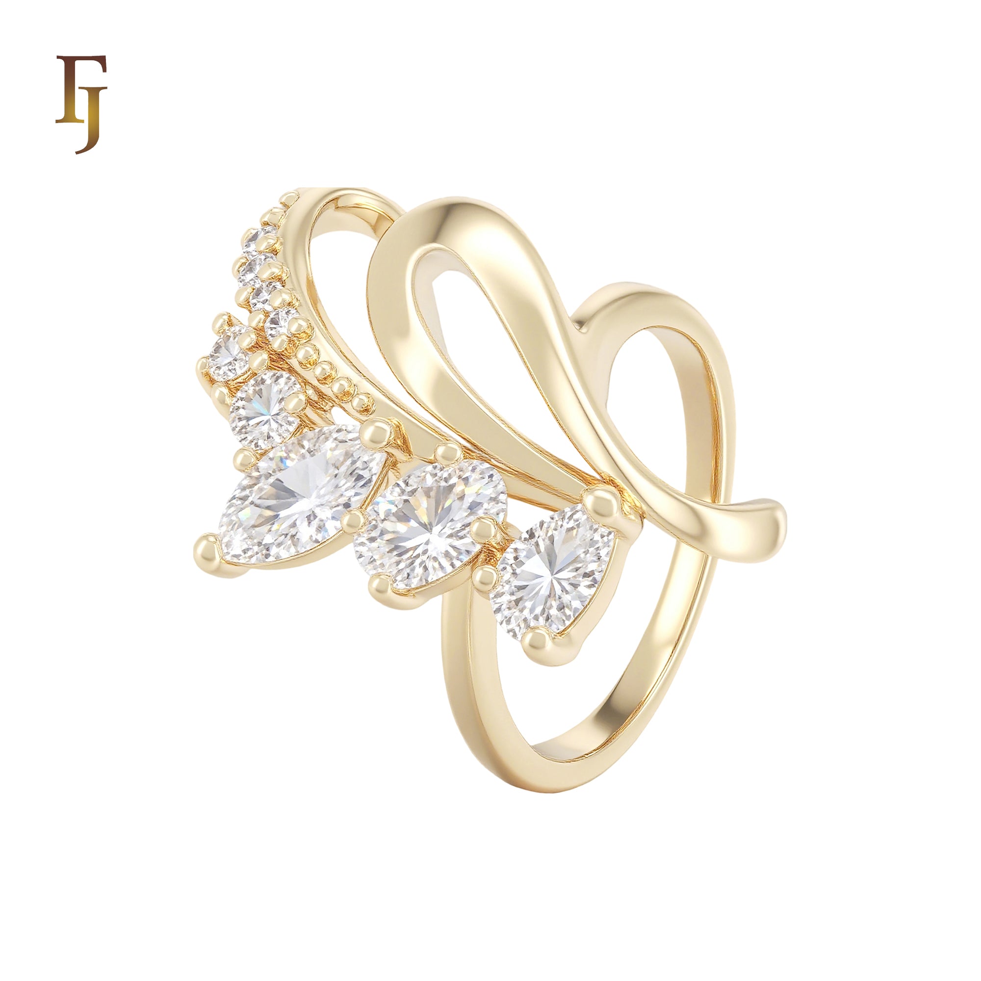 Dancing flower of white CZs Cluster 14K Gold Fashion Rings