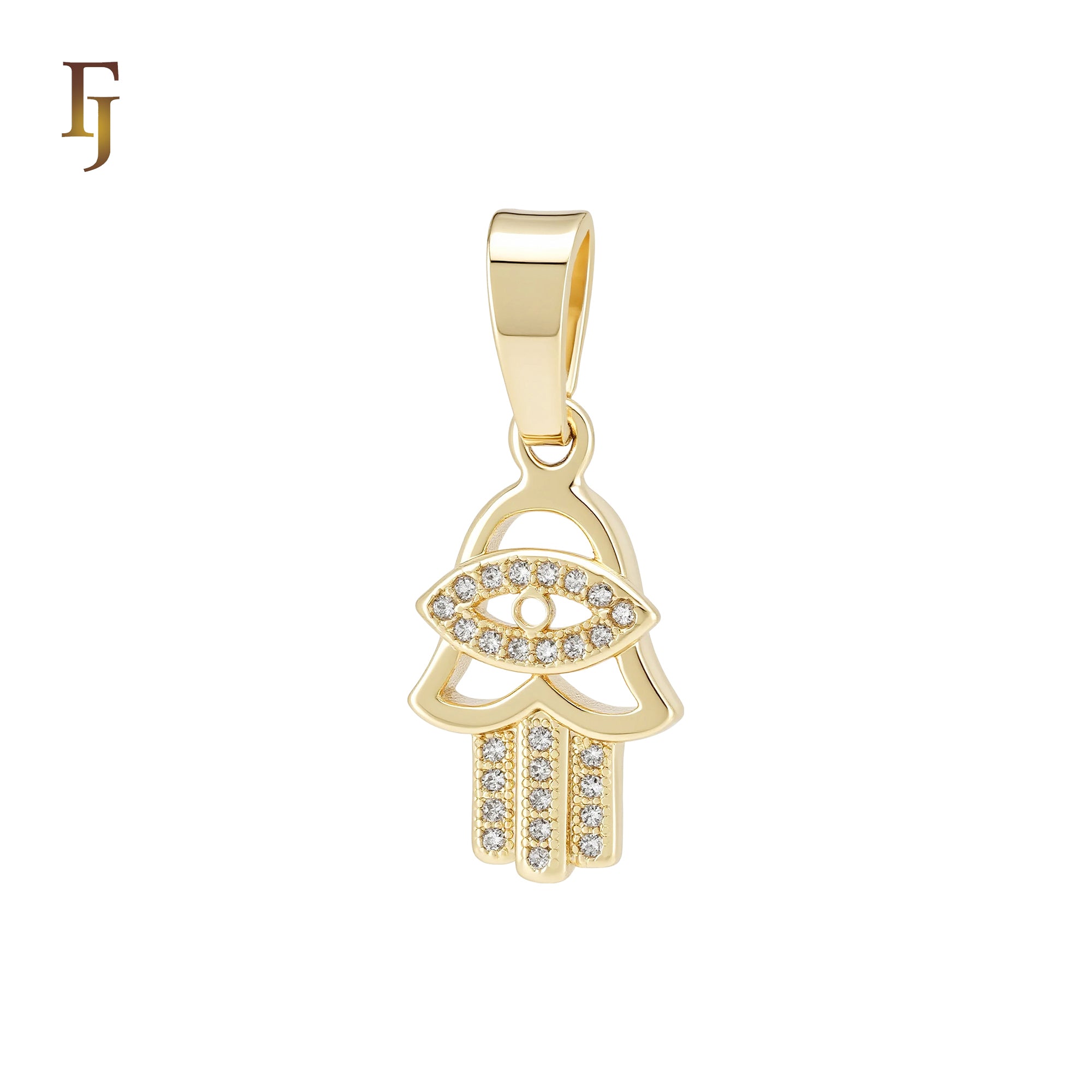 Hamsa of white CZs 14K Gold Jewish Religious Pendant