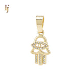 Hamsa of white CZs 14K Gold Jewish Religious Pendant