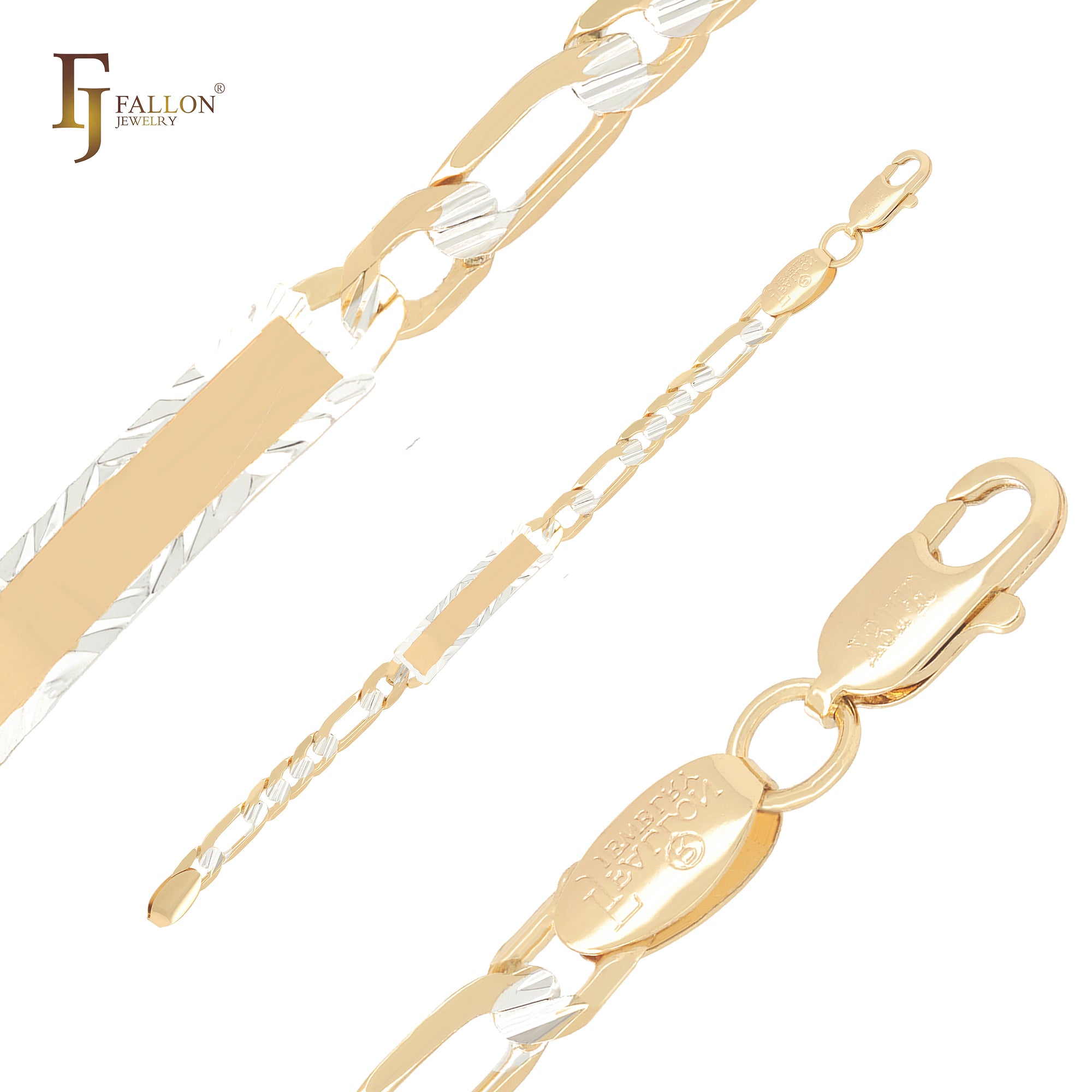 Pulseras de identificación para hombre de oro de 14 quilates en dos tonos con eslabones Figaro martillados