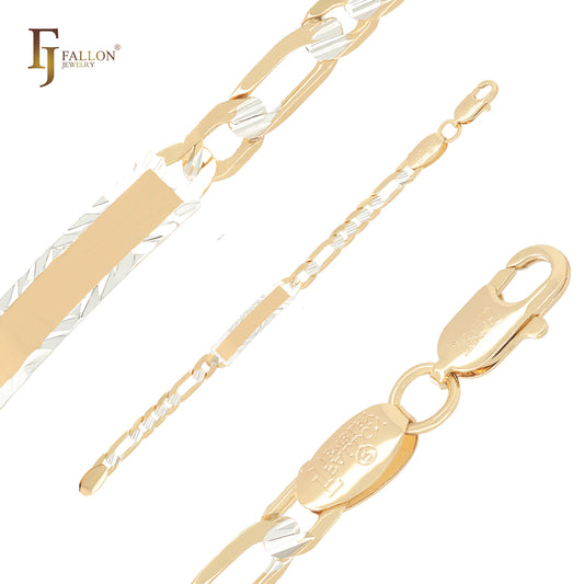Pulseras de identificación para hombre de oro de 14 quilates en dos tonos con eslabones Figaro martillados