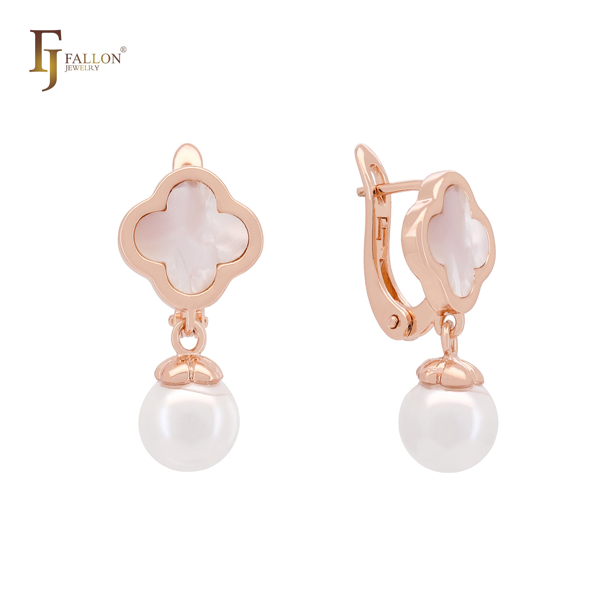 Pendientes de clip de oro rosa blanco o negro con perla y trébol
