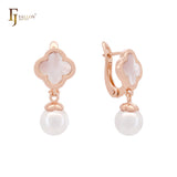 Pendientes de clip de oro rosa blanco o negro con perla y trébol