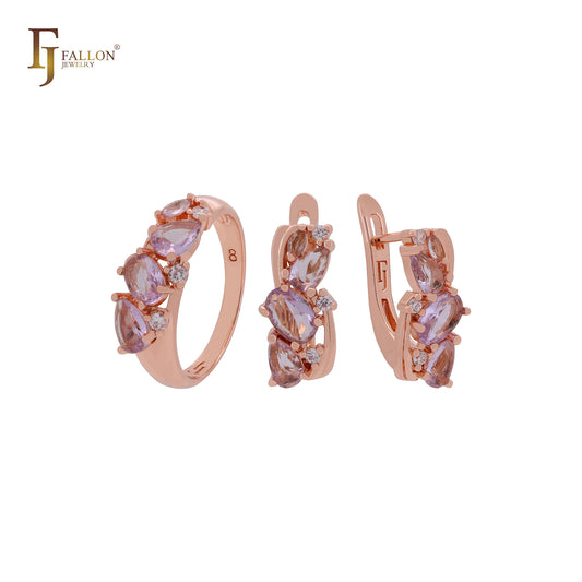 Conjunto de joyas de oro rosa con lujosos circonitas cúbicas de color rosa claro y morado y anillos