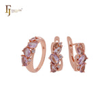 Conjunto de joyas de oro rosa con lujosos circonitas cúbicas de color rosa claro y morado y anillos