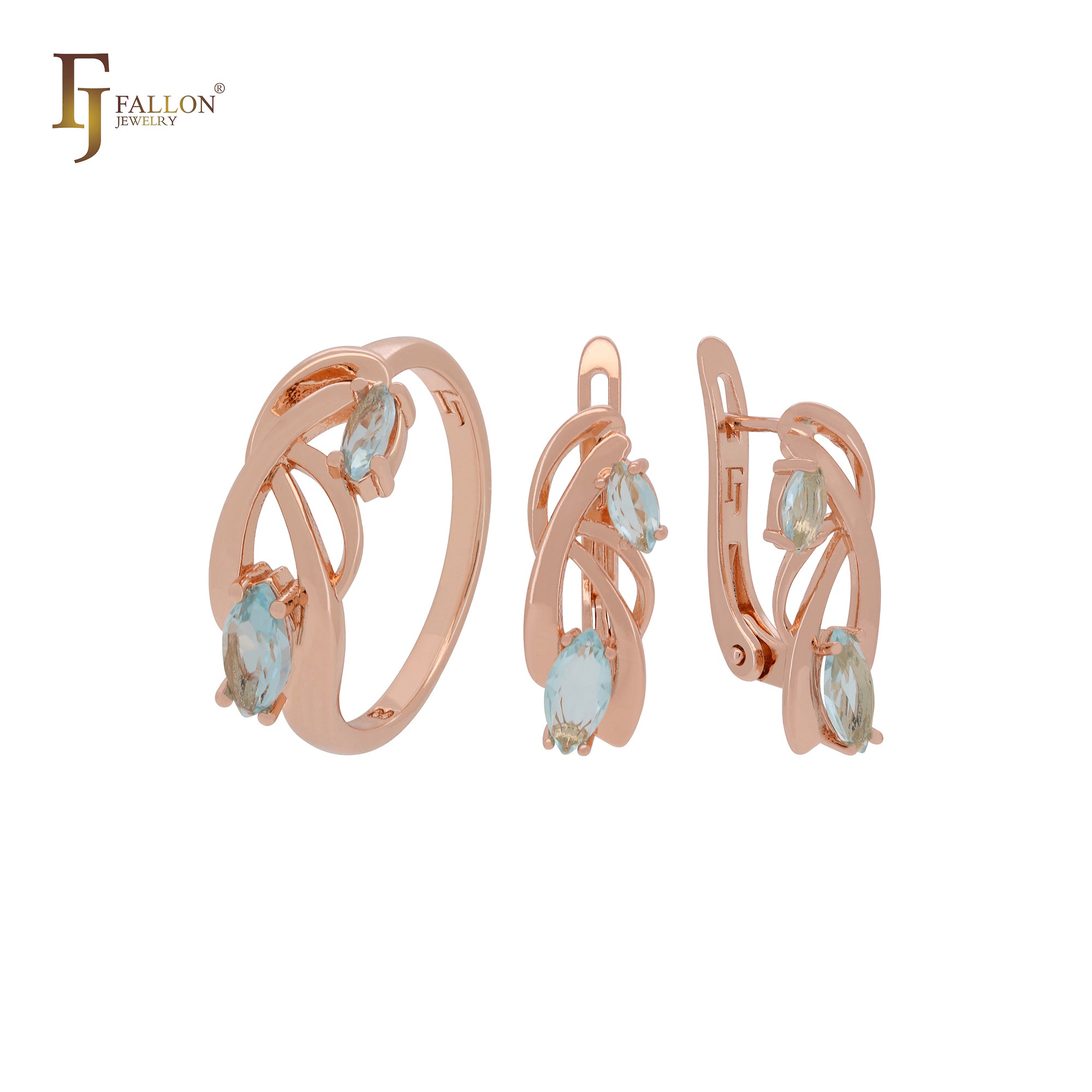 Conjunto de joyas de oro rosa con circonitas marquesinas de doble azul lago y pendientes.