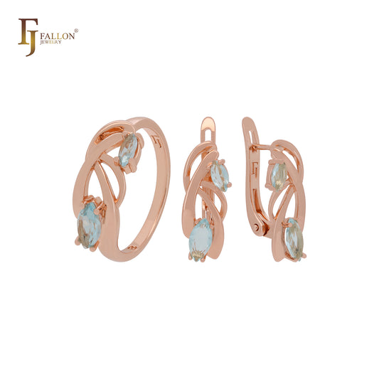 Conjunto de joyas de oro rosa con circonitas marquesinas de doble azul lago y pendientes.