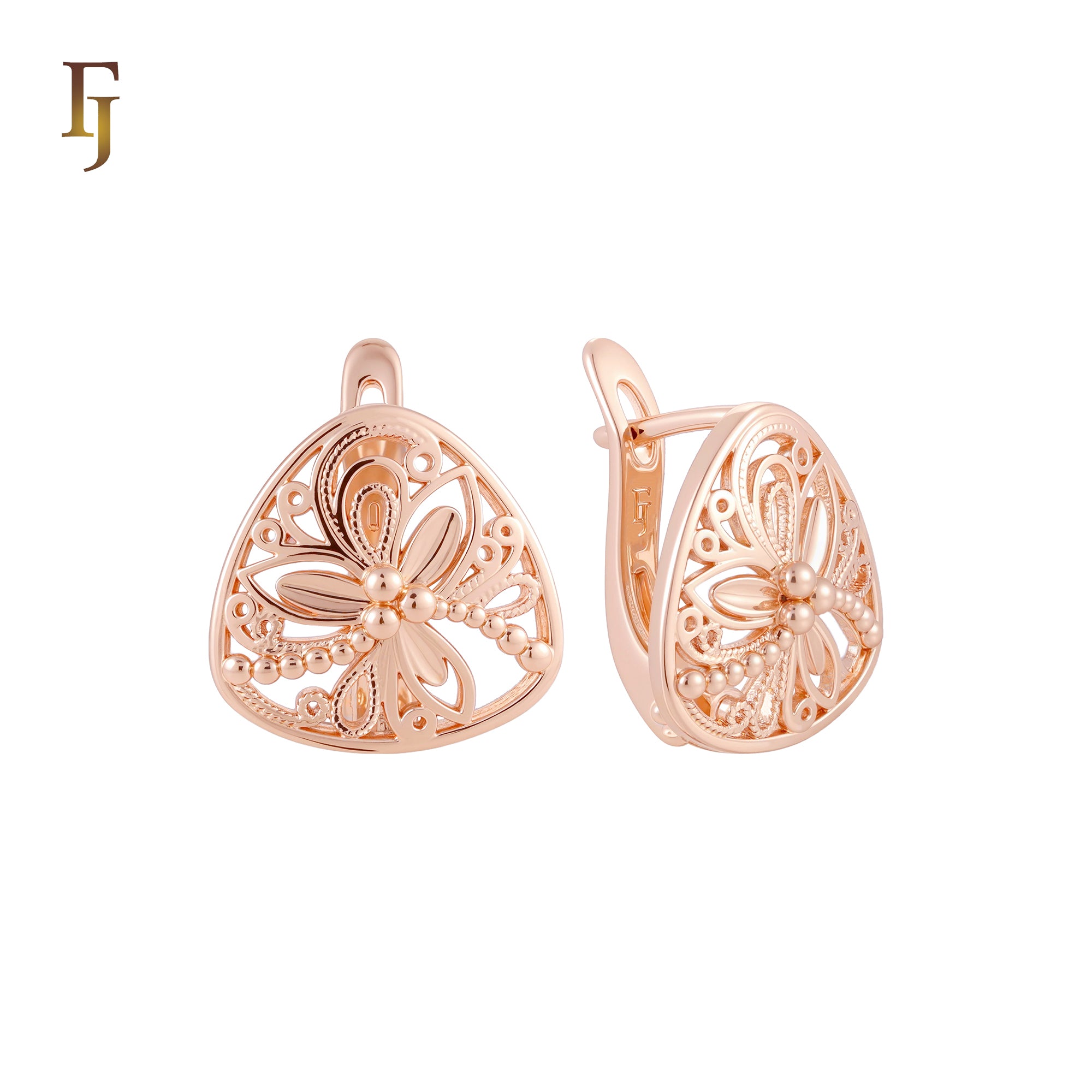 Roudned Triangular Filigree Flower Rose Gold Russian Lock Earrings