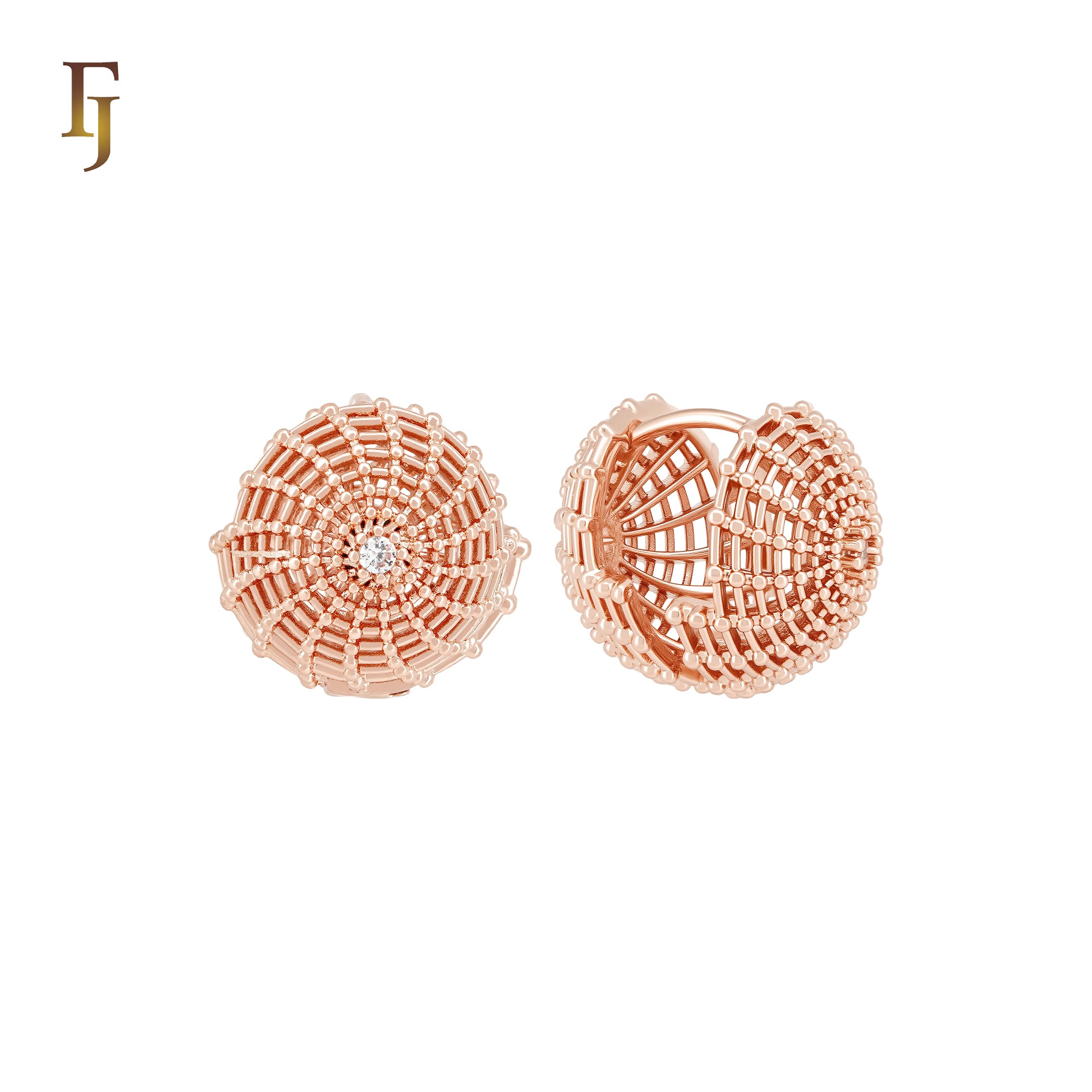 Spider Net Beaded Concave Rose Gold Huggie Earrings