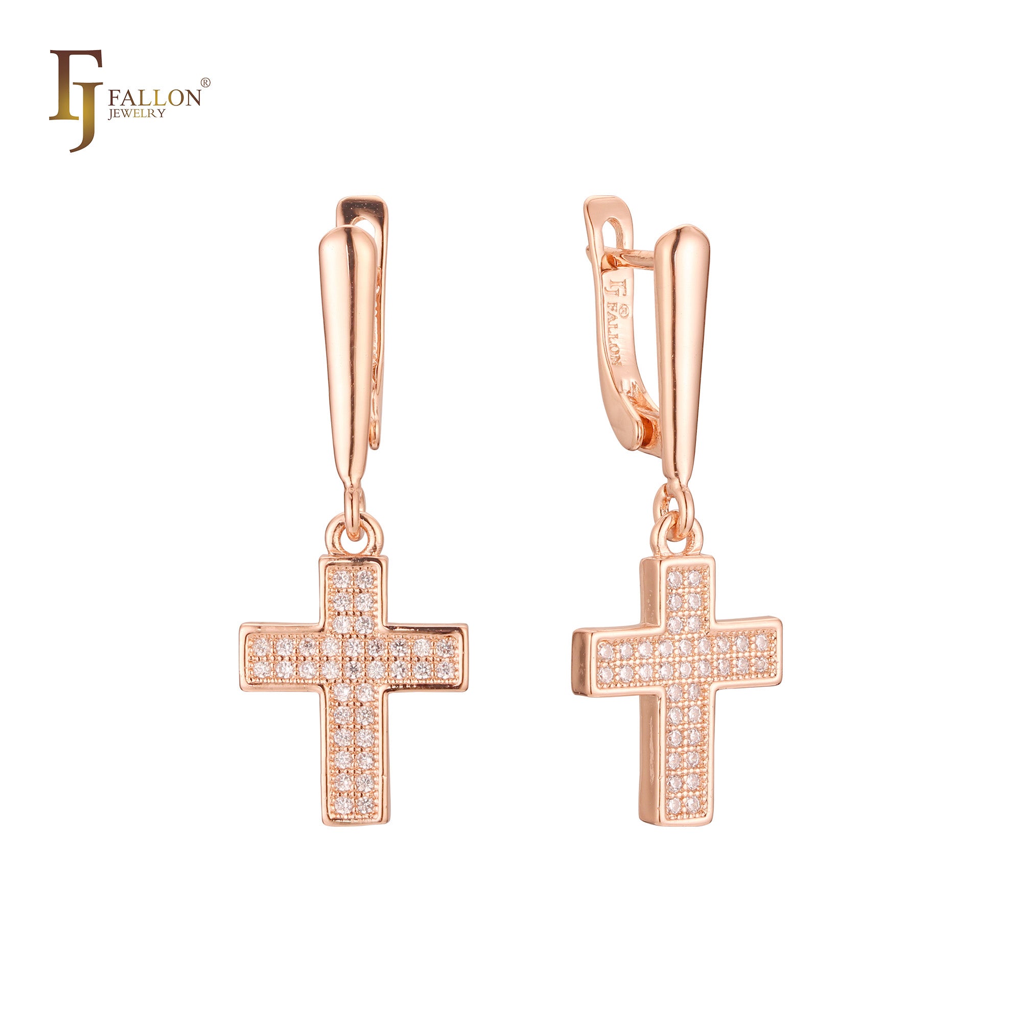Cluster white CZ Cross drop Rose Gold Russian Lock Earrings
